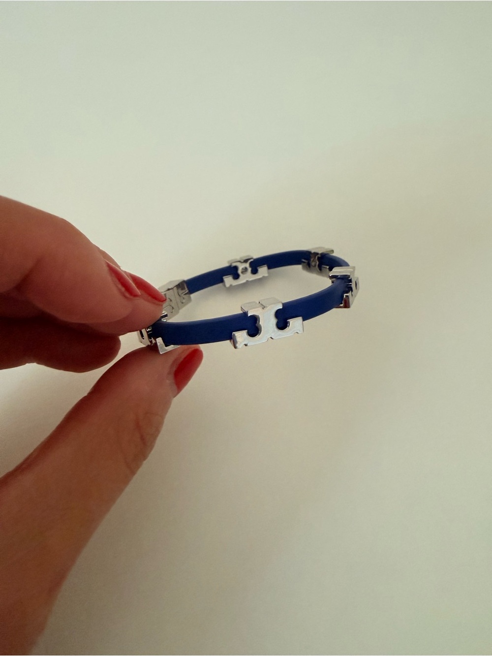 Tory Burch Blue Leather with Silver Puzzle-Link Accents Bracelet